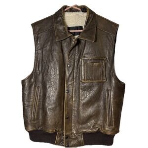 Mens Brown Leather Vest Sherpa Lined Distressed Bomber Style Size L Zip Snap